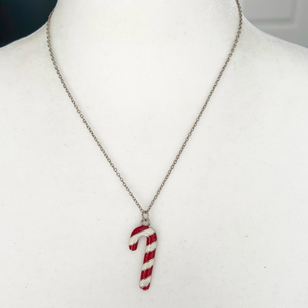 🍭6/$30 Candy Cane Charm Pendant Necklace w Silver Tone Chain Holiday Christmas